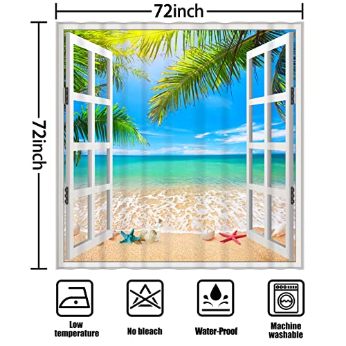 Summer Ocean Beach Shower Curtain, Blue Sky Tropical Shower Curtain, Sunshine Sand Sea Plam Trees Shower Curtain For Bathroom, Waterproof & Washable Shower Curtain Set 72X72 Inch(12 Hooks Included) #TOP3