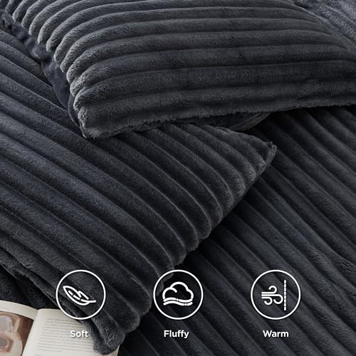 Bedsure Fluffy Duvet Cover Set - Ultra Soft Plush Shaggy Comforter Cover Queen Size, Warm Flannel Fleece Bed Sets for Winter, 3 Pieces (Striped Pattern, Dark Grey)