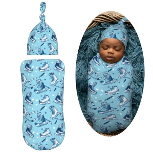 Image of Ice Hockeys Sport Equip Newborn Swaddle Blankets Hat Sets Soft Baby Receiving Blanket Swaddle Sack for Baby Shower Infant Boy Girl Gift
