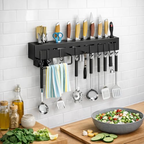 ORBICA Wall Mounted Kitchen Organizer Rack with Magnetic Knife Holder, 8 Adjustable Hooks & Towel Bar, Space Saving Wall Storage for Knives & Utensils