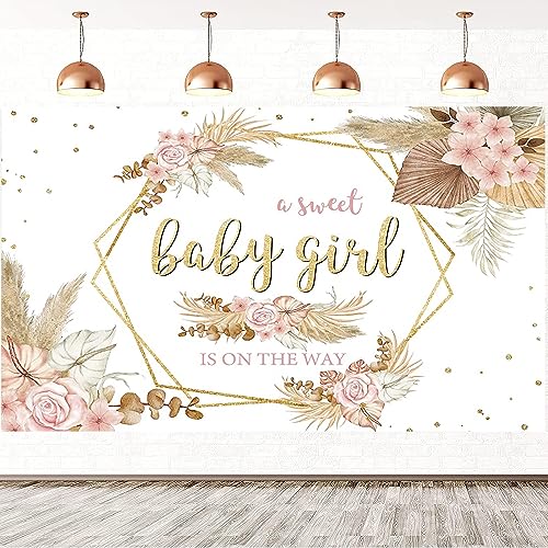 2.1x1.5m Telón de Fondo Baby Shower A Sweet Baby Girl is on The Way Rosa Boho Floral Pampas Grass Fotografía Fondo Recién Nacido Baby Shower Fiesta de Cumpleaños Decoración Banner Photo Booth Props