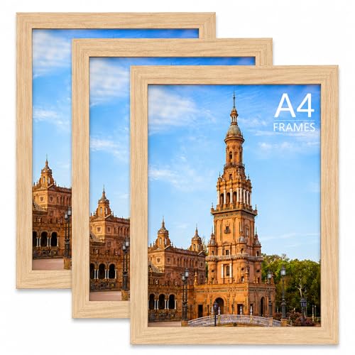 Light Oak A4 Picture Frames Set of 3 Wooden A4 Photo Frame Natural Woodgrain Finish With Clear Perspex Front & Hanging Hooks - Portrait or Landscape Wall or Tabletop