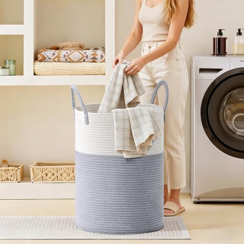 Image of 100L Extra Large Tall Cotton Rope Laundry Basket with Handles, Grey