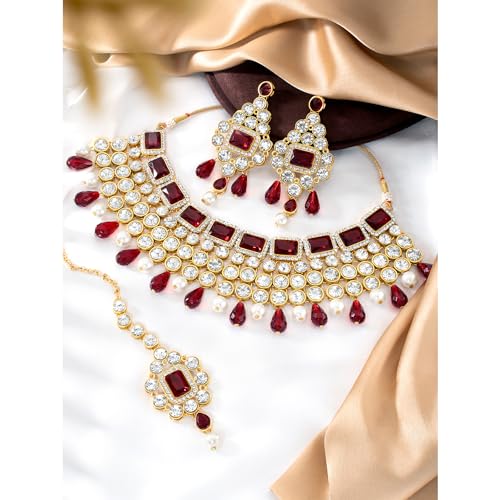 Image of Peora Crystal Choker Necklace with Maang Tikka Earrings Indian Traditional Bridal Wedding Jewellery Set for Women