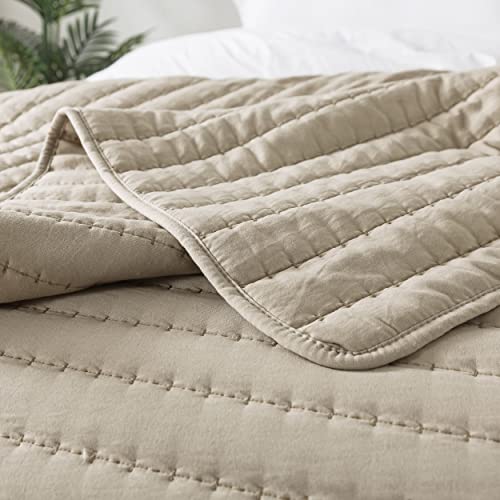 ROARINGWILD Beige Cream Tan Queen Size Quilt Bedding Sets with Pillow Shams, Full Lightweight Bedspread Coverlet, Quilted Blanket Thin Comforter Bed Cover for All Season, 3 Pieces, 90x90 inches
