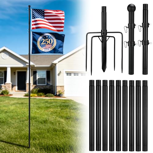 15ft In Ground Flag Pole for Outside House - Fit for 2 Flags Extra Thick Flag Pole Kit with 5 Prongs Base Windproof Ground Flagpoles for Residential Small Medium Lawn Temporary Event