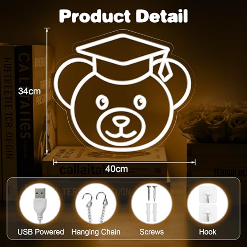 Image of Bear Neon Sign for Wall Decor,Dimmable Bear with Graduation Hat Neon Light,White Grad Light Up Signs for Class of 2025 Graduations Background Decoration Celebration Gifts