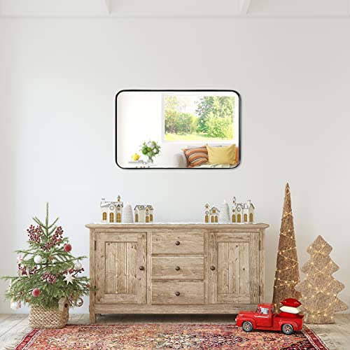 Zenida Bathroom Mirrors For Wall, 30" X 20" Large Rounded Rectangle Bathroom Mirror, Black Matte Metal Framed Wall Mirror, Horizontal Or Vertical Hanging Mirror For Bathroom, Living Room, Entryway #TOP2