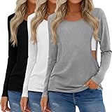 Ficerd 3 Pack Women's Maternity Tops Nursing Shirts for Breastfeeding Long Sleeves Double Layer Pregnancy Clothes(Light Gray, White, Black,XL)