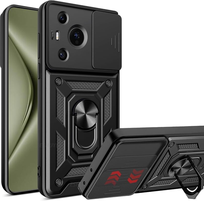 SkyTree Huawei Pura 70 Pro, Robotic Sliding Camera Window Shock Proof Thunder Case, Dual Layer Hybrid Armor Back Cover Case with Kickstand for Huawei Pura 70 Pro - Black