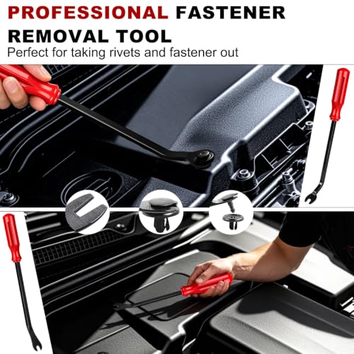 Image of 18 Pcs Auto Trim Removal Tool Kit with Non-Scratch Plastic Pry Tool Fastener Clip Pliers and Tire Caps Valve, Interior Door Panel Clip Removal Set for Vehicle Dash, Red
