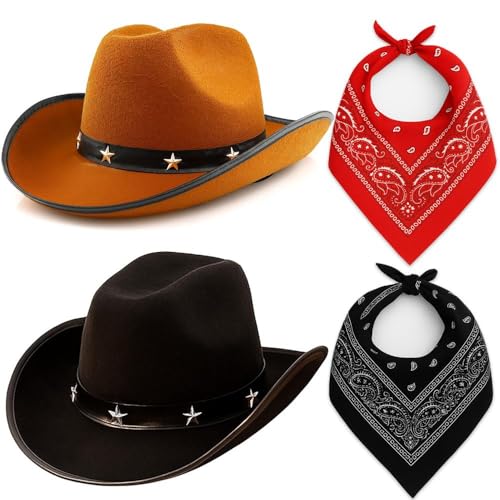 Juego de 4 disfraces de vaquero, sombreros de vaquero con estrellas negras y marrones con bandanas rojas y negras, disfraz occidental para despedidas de soltera, despedidas de soltero, Halloween y