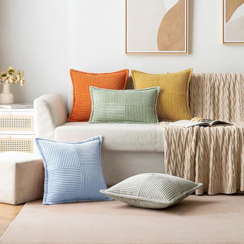 Image of MIULEE Decorative Throw Pillow Covers for Couch Bed Livingroom 18x18 Inch Set of 2 Light Blue Boho Accent Throw Pllows Broadside Striped Patchwork Soft Corduroy Pillowcases