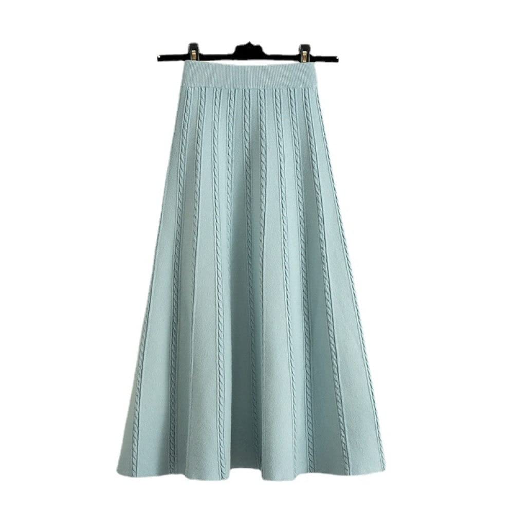Gonne,Gonna Midi da Donna Blu Elastico A Vita Alta in Maglia Jacquard Ombrello A Pieghe Gonna Slim A-Line Altalena Increspato Autunno Inverno Gonne Lunghe per Ragazze Signore,L