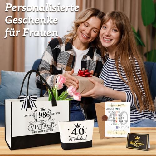 Giftota 40. Geburtstag Geschenk Frau – Vintage 1986 Canvas Einkaufstasche Tragetasche & Kosmetiktasche Set mit Grußkarte – 40. Geburtstagsgeschenk für Mama, Freundin, Kollegin oder Schwester