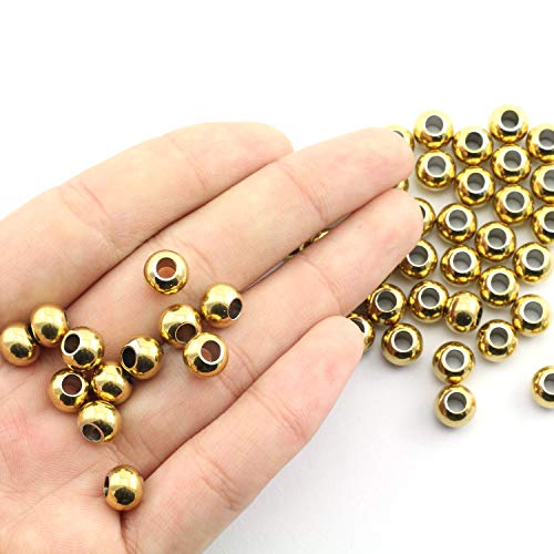 Tegg 50pcs 8mm Smooth Round Spacer Beads DIY Crafts Making Jewelry Findings Accessories 304 Stainless Steel Seamless Loose Beads 3mm Hole Gold
