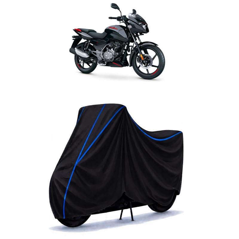 Image of BIR Water Resistant Bike Cover Compatible for Bajaj 125 Neon | Universal Rain Cover | UV Protection, Dust & Scratch Protection | Indoor Outdoor All Weather | Black Blue Piping