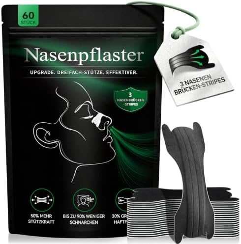 Nasenpflaster Schnarchen 60 Stück Schnarchstopper Anti Schnarch Nose Strips | Nasenstrips mit 3 flexiblen Stützgurten besser atmen gegen Schnarchen Schwarz für Sport & Schlaf