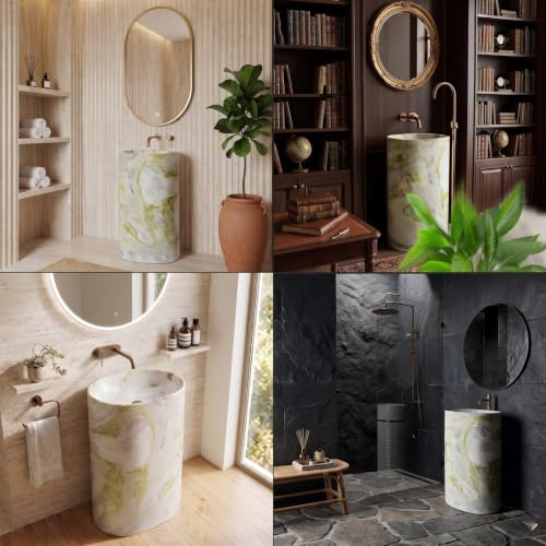 Image of BASSINO 20x14x33 Inch Pedestal Wash Basin /Free Standing Wash Basin /7 Years Warranty /Oval Ceramic One Piece Pedestal Sink for Bathroom /Living Room /Dining Hall /Floor Mounted Washbasin(Green Mix Marble)