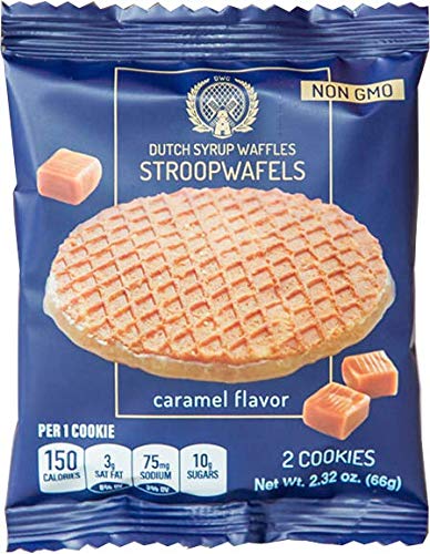 DWC Stroopwafel with Caramel - 8 packs or 16 Wafels - Premium Non-GMO Dutch Waffle with Syrup - Toasted Snack for Office Breakroom, Convenient Energy Source For Outdoors, Tasty Gift - Easy to carry