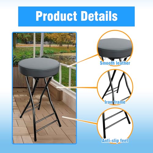 Image of Folding Bar Stool,24 Inch Tall Foldable Stool Chair,Counter Height Cushioned Leather Padded Portable Stools,Heavy Duty Collapsible Stools for Kitchen Island Garden Camping Grey