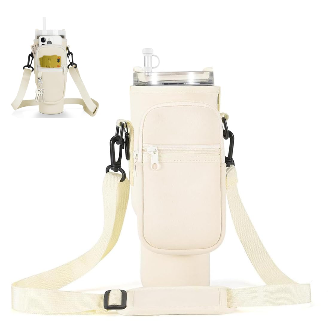 1 Borsa per Stanley Cup in Neoprene Isolante, con Tasca per Telefono e Tracolla Regolabile (42-140 cm), Ideale per Viaggi, Sport ed Escursioni, Colore Crema