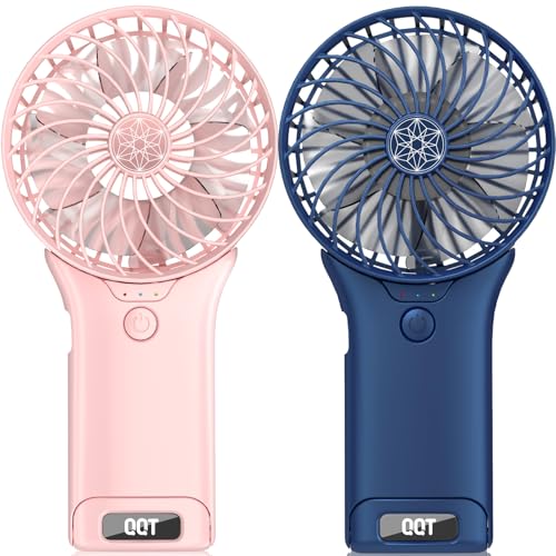 Image of QQT Mini Handheld Fan,4 Speed Adjustable Portable Battery Operated Fans,USB Rechargeable Desk Fan with Mirror,Max 20 Hrs Hand Fan For Travel Office Outdoor Women Men（Pink&DarkBlue）