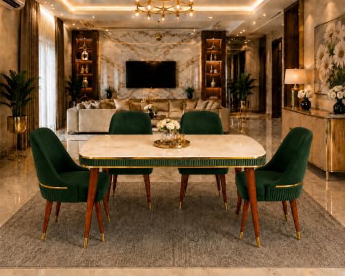 Image of WOODEN SPACE 4 Seater Wooden Dining Table Set | Urban Marble Top Dining Table with Chairs for Dining Room & Kitchen (Modern Grand Aura Dark Green) (54 x 36 x 30 inch)