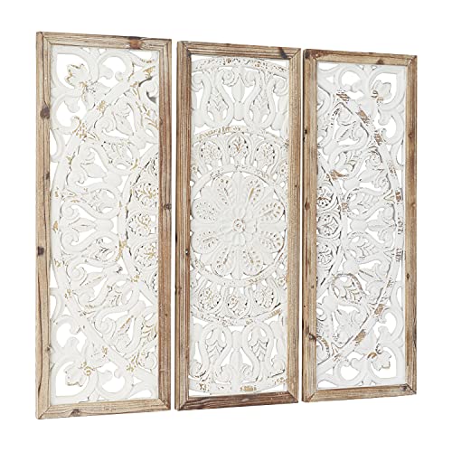 Deco-79-Wood-Floral-Intricately-Carved-Wall-Decor-with-Mandala-Design-Set-of-3-35-35-35H-White