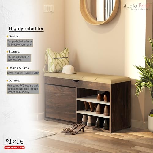 Image of Studio Kook Pixie Shoe Cabinet, Engineered Wood, 14 Pairs Capacity, Cushioned Top, Matte Finish (Junglewood)
