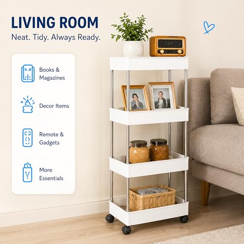 Image of Multipurpose 4-Tier Plastic Storage Rack with Wheels - Slim Organizer Shelf for Kitchen, Bathroom, Office & Home Use (White)