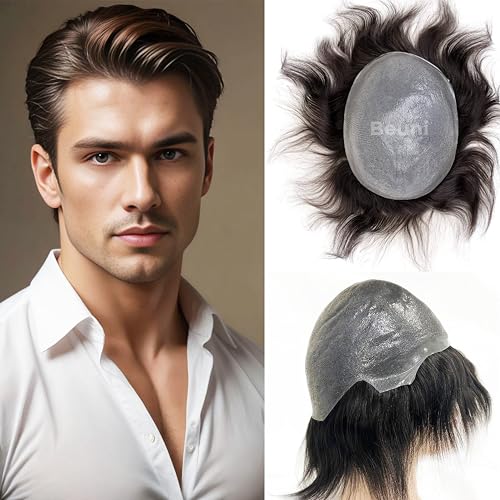 Image of Skin Base Hair Toupee For Men With 100 Percent European Hair 0.03mm PU Thin Skin V Loop Hair Replacement System Natural Look Black 9x6 Inch