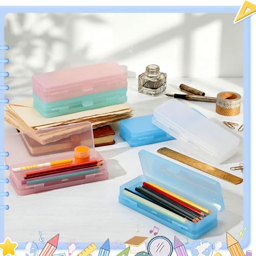Image of Fainne 24 Plastic Pencil Case Bulk Hard Pencil Boxes with Snap Lid Crayon Maker Pen Organizer Stackable Craft Storage Boxes for School Supplies(Double Layer,Bright Colors,8.07 x 3.07 x 1.46 Inch)