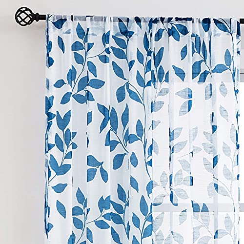 Image of Navy-Blue Sheer Curtains Living Room 84 inches Length Floral Leaves Printed on White Semi Sheer Drapes for Bedroom Privacy Linen Textured Window Panels for Guest Room Office Studio, 2 Panels