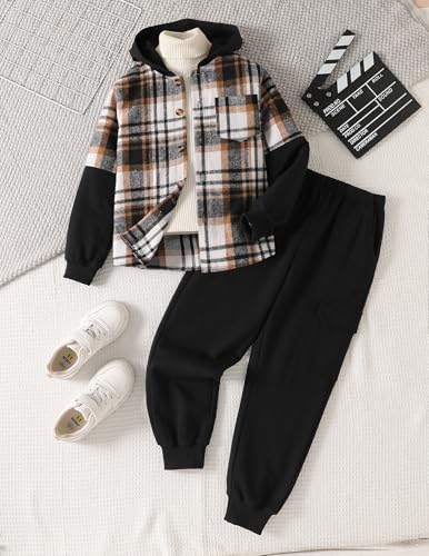 Image of 2Pcs Boys Clothes Sweatsuit Set Hoodie Flannel Plaid Shirt and Jogger Pants for Kids Fall Winter Spring Outfits