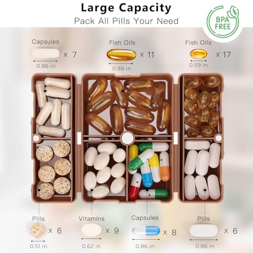 Image of FYY Daily Pill Organizer,2 Pcs 7 Compartments Portable Pill Case Travel Pill Organizer,[Folding Design] Pill Box for Purse Pocket to Hold Vitamins,Cod Liver Oil,Supplements and Medication-Brown