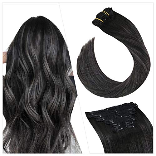 Off Black to Silver Clip in Hair Extensions 16Inch Remy Hair Extensions Clip in Ombre Hair Extensions 100Gram Hair Extensions with Clips 10PCS