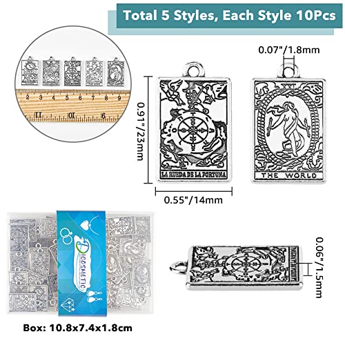 DICOSMETIC 50Pcs 5 Styles Antique Silver Tarot Card Charm Rectangle Wheel Of Fortune/The Lovers/World/Moon/Star Zinc Alloy Dangle for Jewelry Craft Making Hole: 1.8mm - Image 3