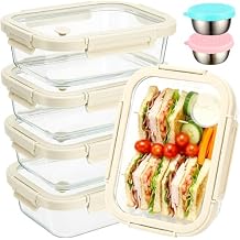 Glass Food Storage Containers with Glass Lids, Stainless Steel Salad Dressing Containers, Microwave-safe LeakProof Food Containers Set, 5-pack 35 ozWhite