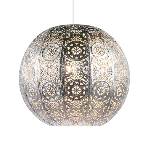 Spherical Moroccan Pendant Lighting Shade in Shiny Silver Metal - Vintage and Classic Design | 30cm x 26cm by Happy Homewares
