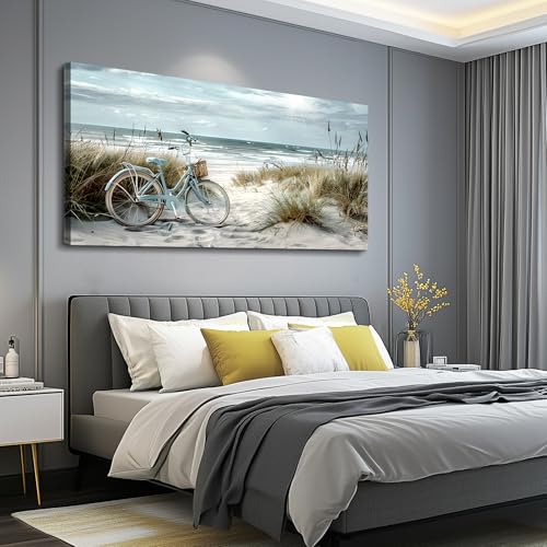 FUHAIHUA Large Wall Decor For Living Room Canvas Wall Art For Bedroom Modern Office Decoration Blue Beach Bicycle Seascape Painting Ocean Landscape Wall Pictures Artwork Home Decor Posters 24"X48"
