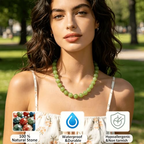 Image of GINAZL Natural Stone Beaded Choker Necklace for Women, Chunky Multicolor Gemstone Handmade Necklace, Boho 12MM Bead Summer Beach Jewelry Gifts for Women