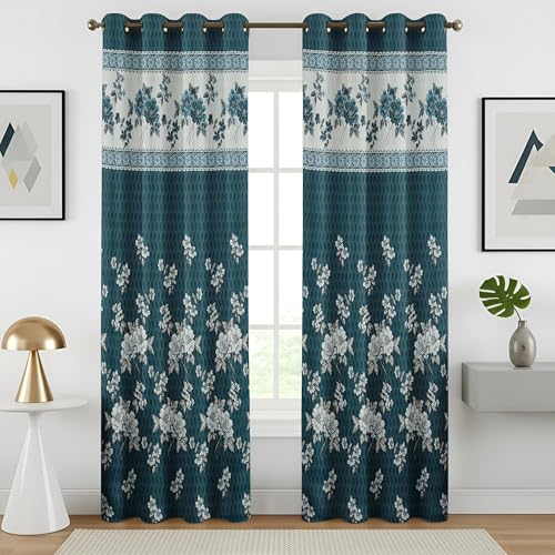Image of Homefab India Jacquard Jute Curtains Room Darkening - Long Door 9 feet, Pack of 1 Curtain, Blue Floral
