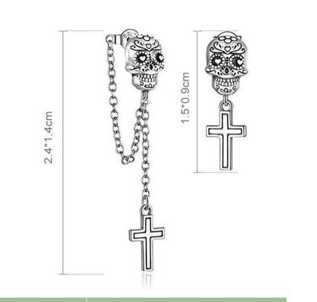 SIWAN Pendientes de Calavera Y Cruz de Plata 925 para Hombres Y Mujeres, Pendientes Asimétricos con Borlas de Halloween, Accesorios para Las Orejas de Verano para Mujeresplata, 925 plata