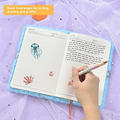 Plush Mermaid Notebook - A5 Mermaid Diary Glitter Journal for Girls School Office Travel Hardcover Notebooks Kids Writing and Drawing Embroidery Notepad with Locks and Keys