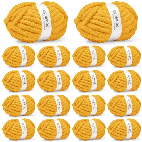 Image of Inhand Honey Gold Chunky Chenille Yarn for Hand Knitting,Thick Bulky Fall Decor Blanket Yarn for Crocheting,Soft Fluffy Yarn for Autumn Crochet Gifts for Women /Beginners,18 Pack (29.5Yds /8.4oz Each)