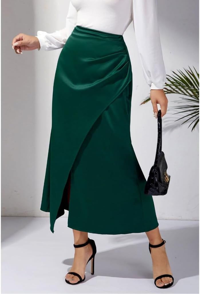 Lily Brown Women's Satins Maxi Skirt High Waist Side Slit Wrap Pencil Long Skirts Casual Slim Ruched Bodycon Skirt with Zip Back Dark Green
