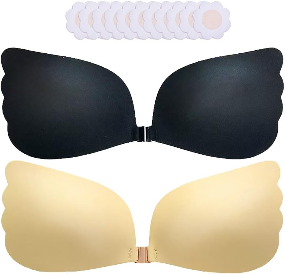 Sticky Bra Push Up Adhesive Invisible Backless Strapless Stick on Lift Bra 2 Pairs Resuable with Nipple Covers
