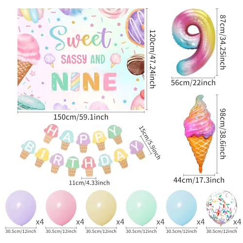 Image of Sweet Sassy and Nine 9th Birthday Decorations for Girls Ice Cream Balloons | 9 Year Old Girl Birthday Decorations Sweet Sassy and 9 Backdrop Ice Cream Banner 9th Birthday Balloon Party Supplies
