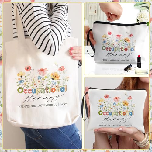 3 Pcs OT Gifts Occupational Therapy Gifts Flower Canvas Tote Bag Makeup Bag Cosmetic Bag Therapist Keychain for Occupational Therapists OT Appreciation Gifts Speech Therapist Gift for Woman4